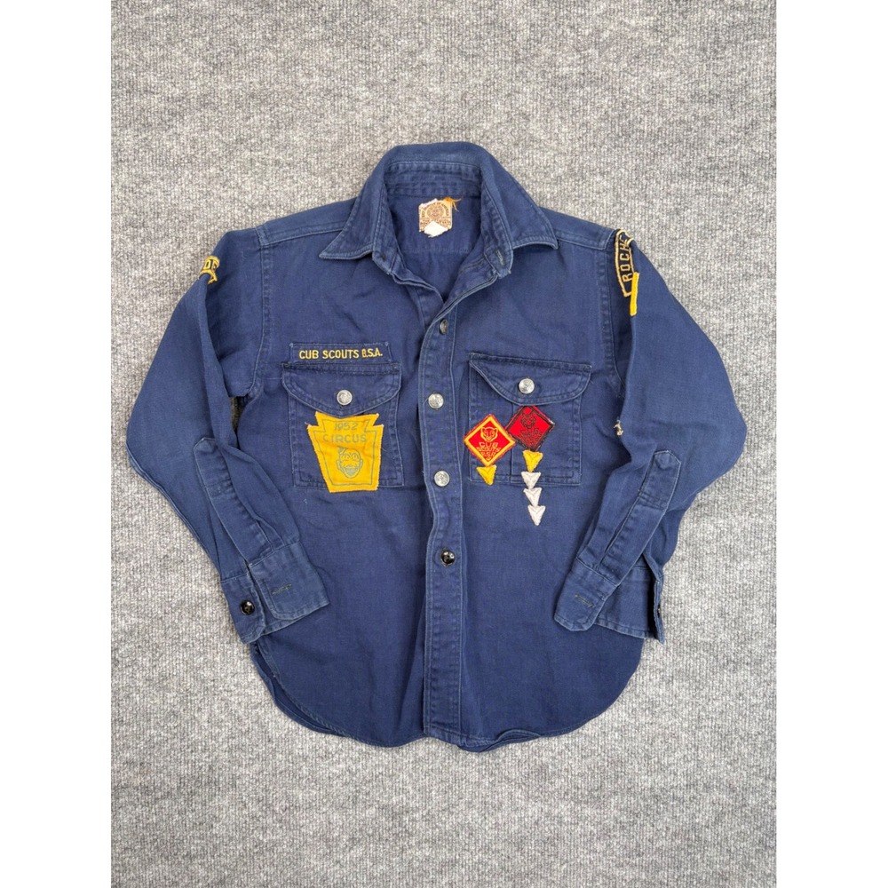 Vintage 1952 Cub Scouts BSA Uniform Shirt Navy Blue Rochester 81 Patch 50s Youth